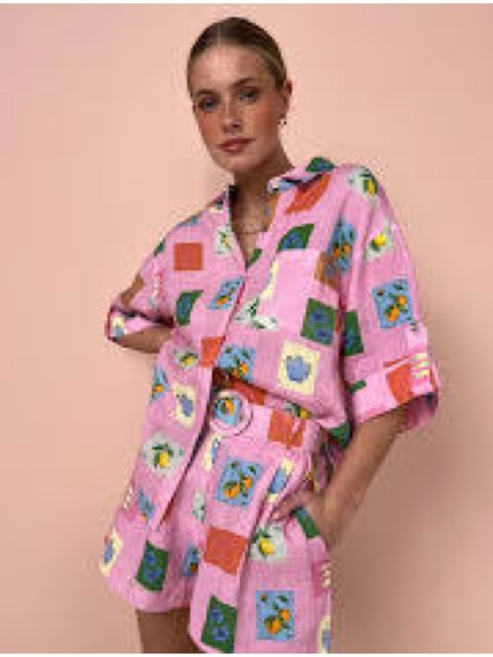 Palm Noosa Rummy Shorts and Mirage Shirt in Pink Emblem post card print size 10